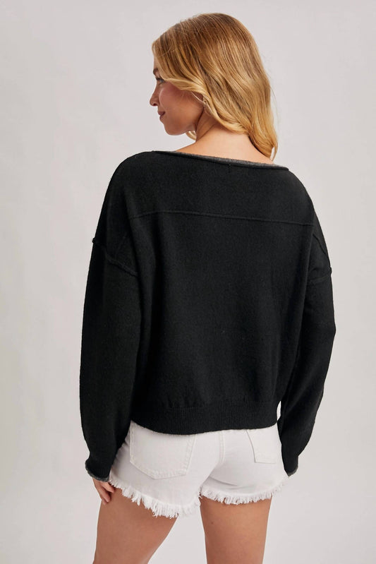 Bluivy - Boat Neck Rolled Trim Soft Heathered Knit Pullover Sweater