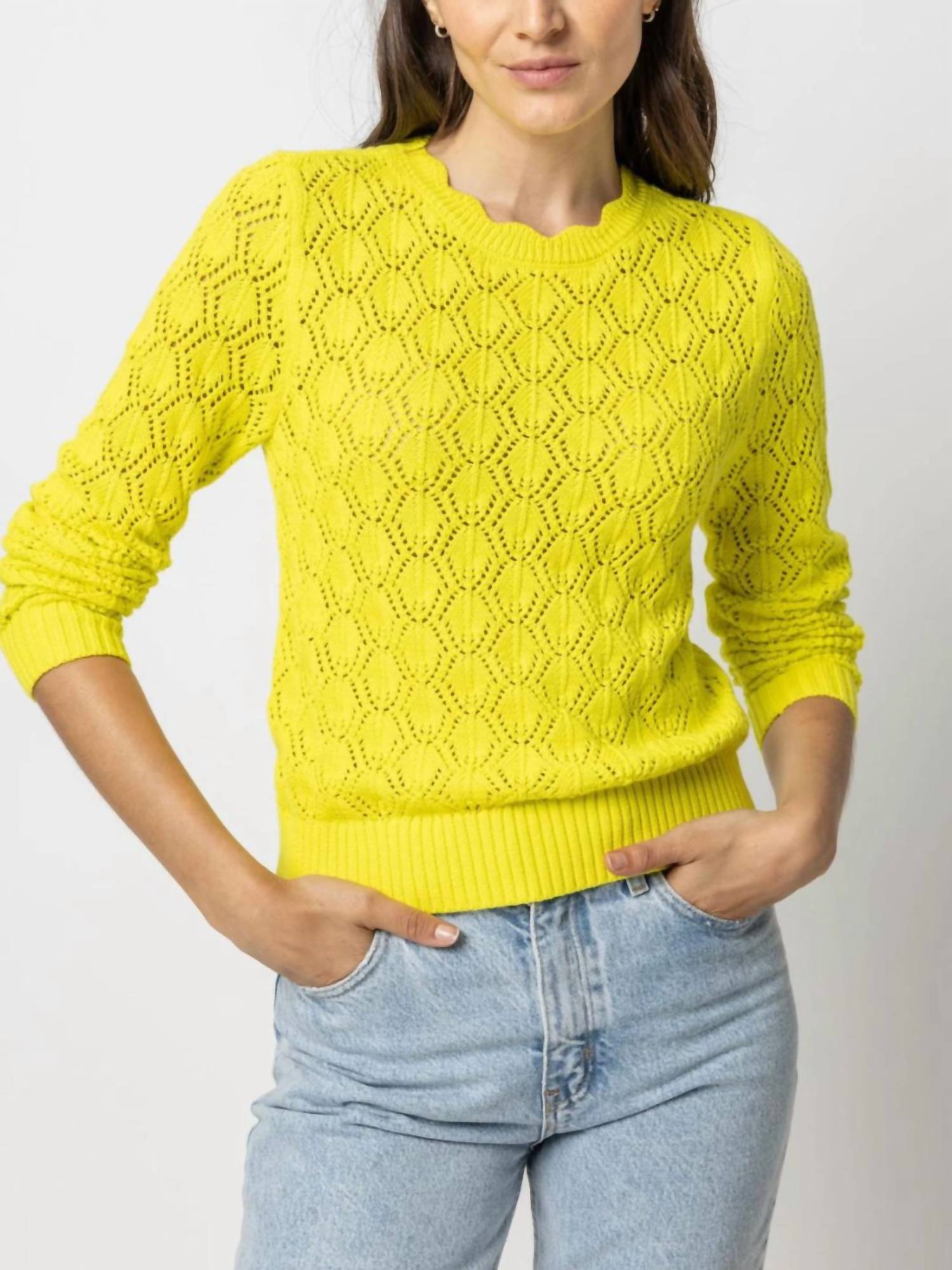 Lilla P Pointelle Stitch Crewneck Sweater in lemon lime - women's sweater
