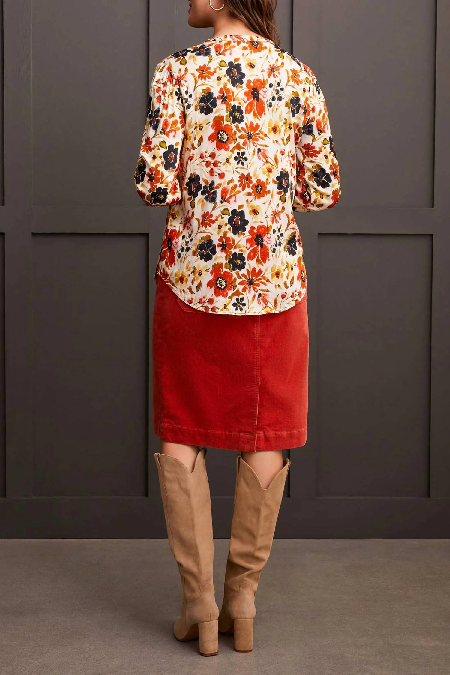 TRIBAL Floral V-neck Blouse With Placket in dark desert - women's blouse - detail view