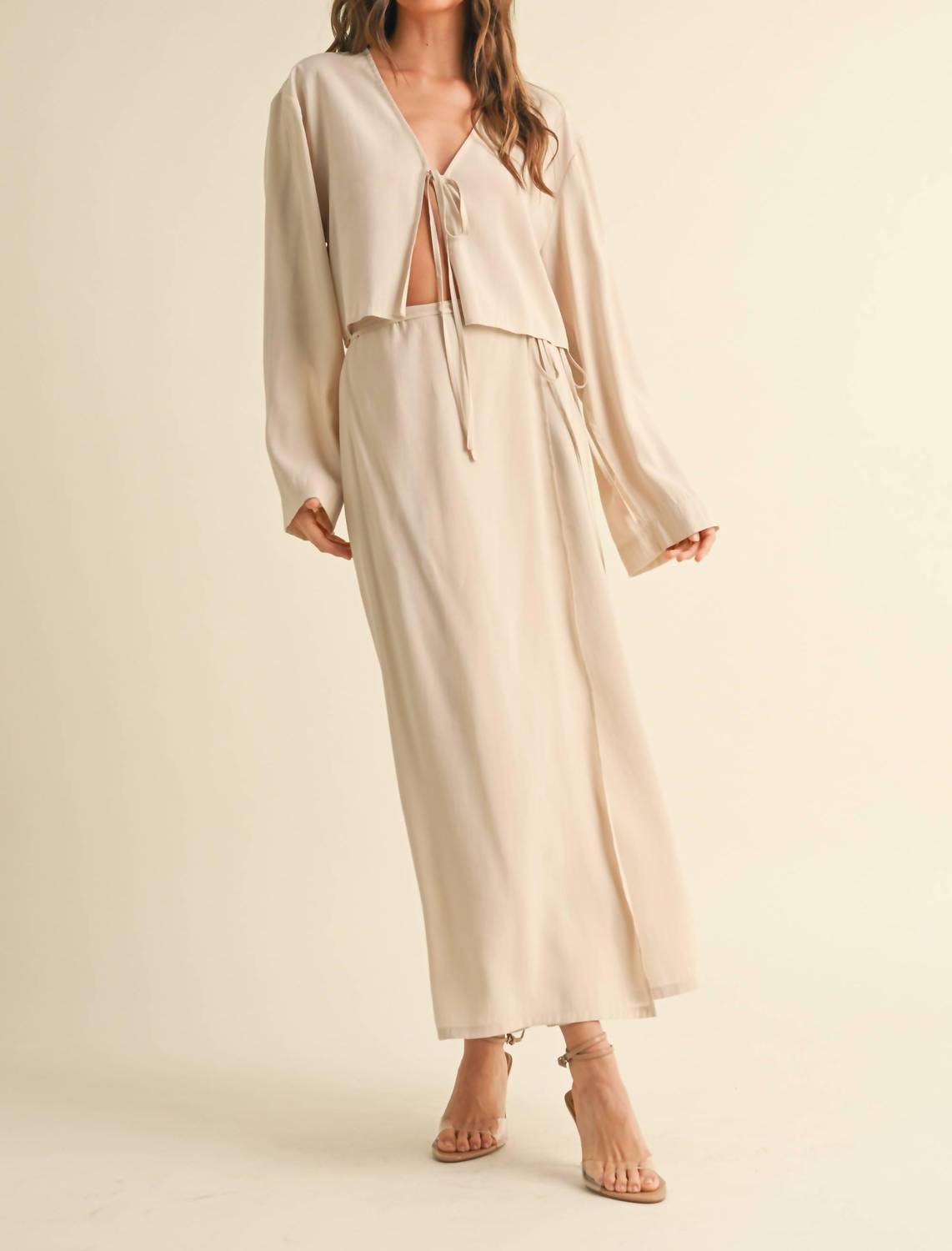 MIOU MUSE Tencel Long Wrap Skirt in beige - women's skirt