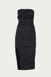 STRAPLESS RUCHED MIDI DRESS