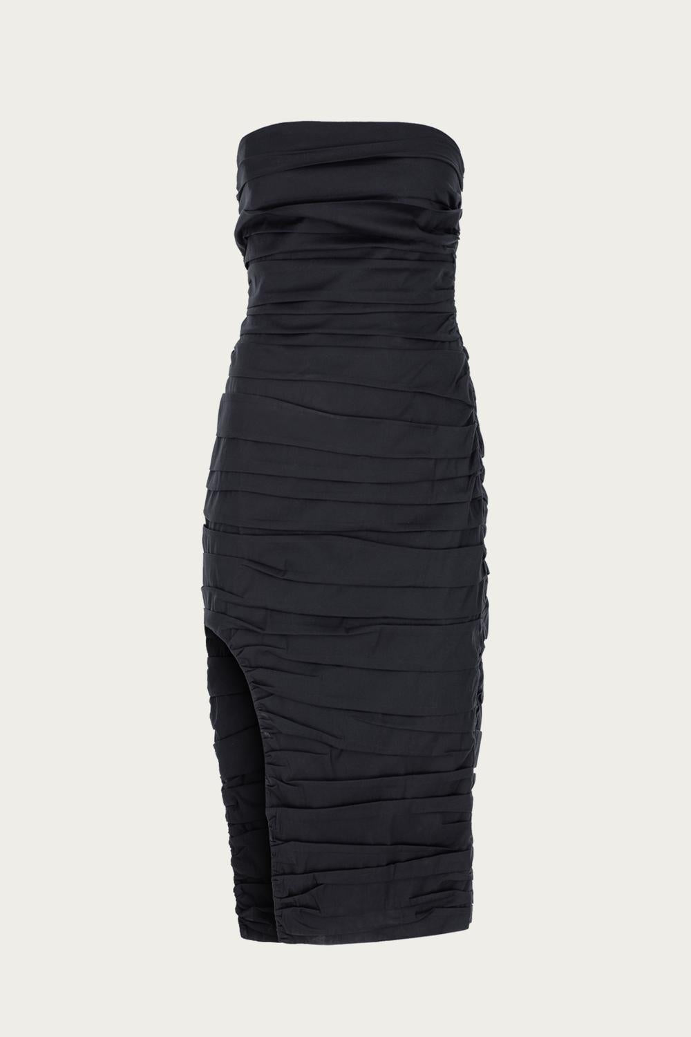 STRAPLESS RUCHED MIDI DRESS