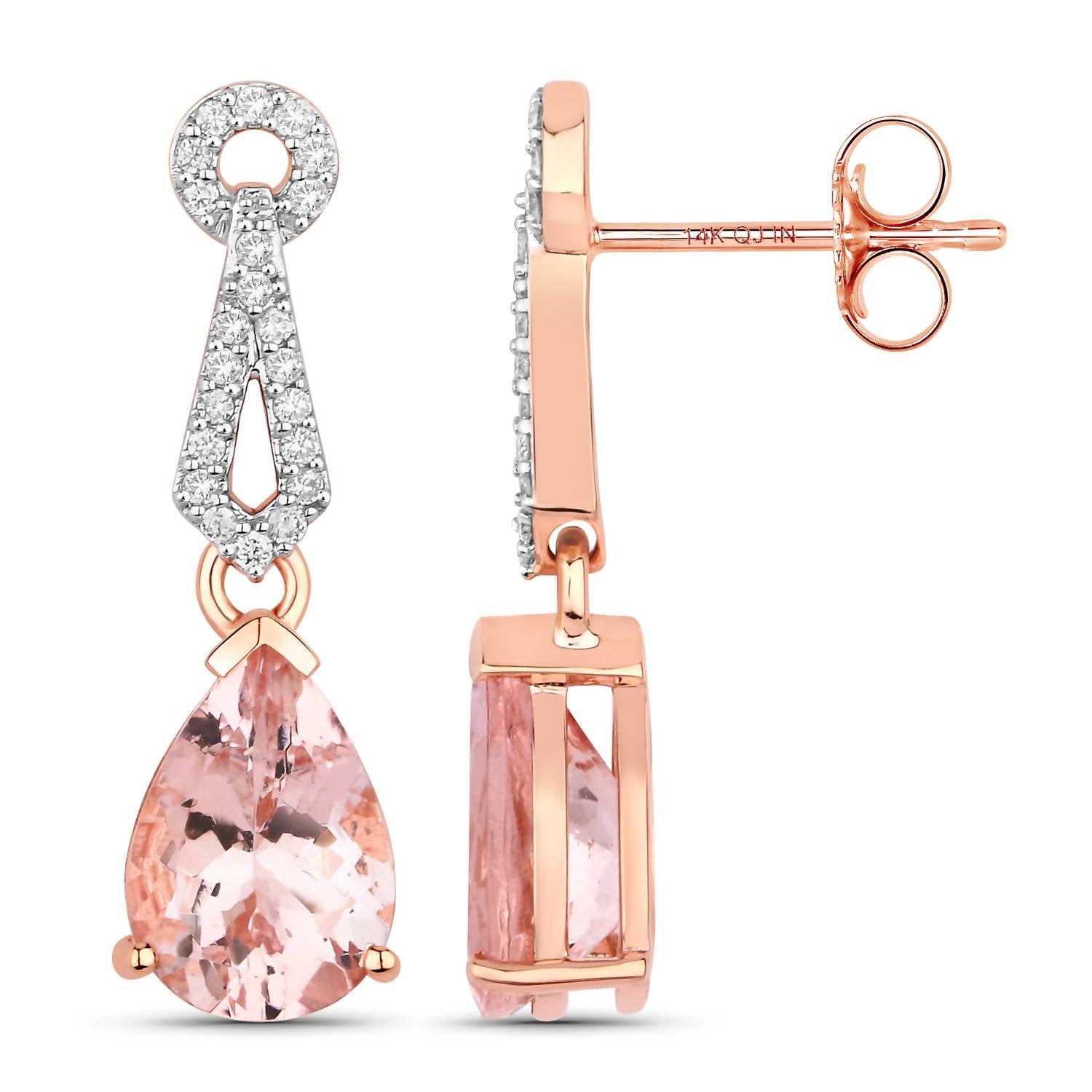 Diana M Jewels Women's Pear Natural Pink Morganite Stud Earrings (3.62 Ct) - Signature Plus in 14k rose gold - women's jewelry - detail view