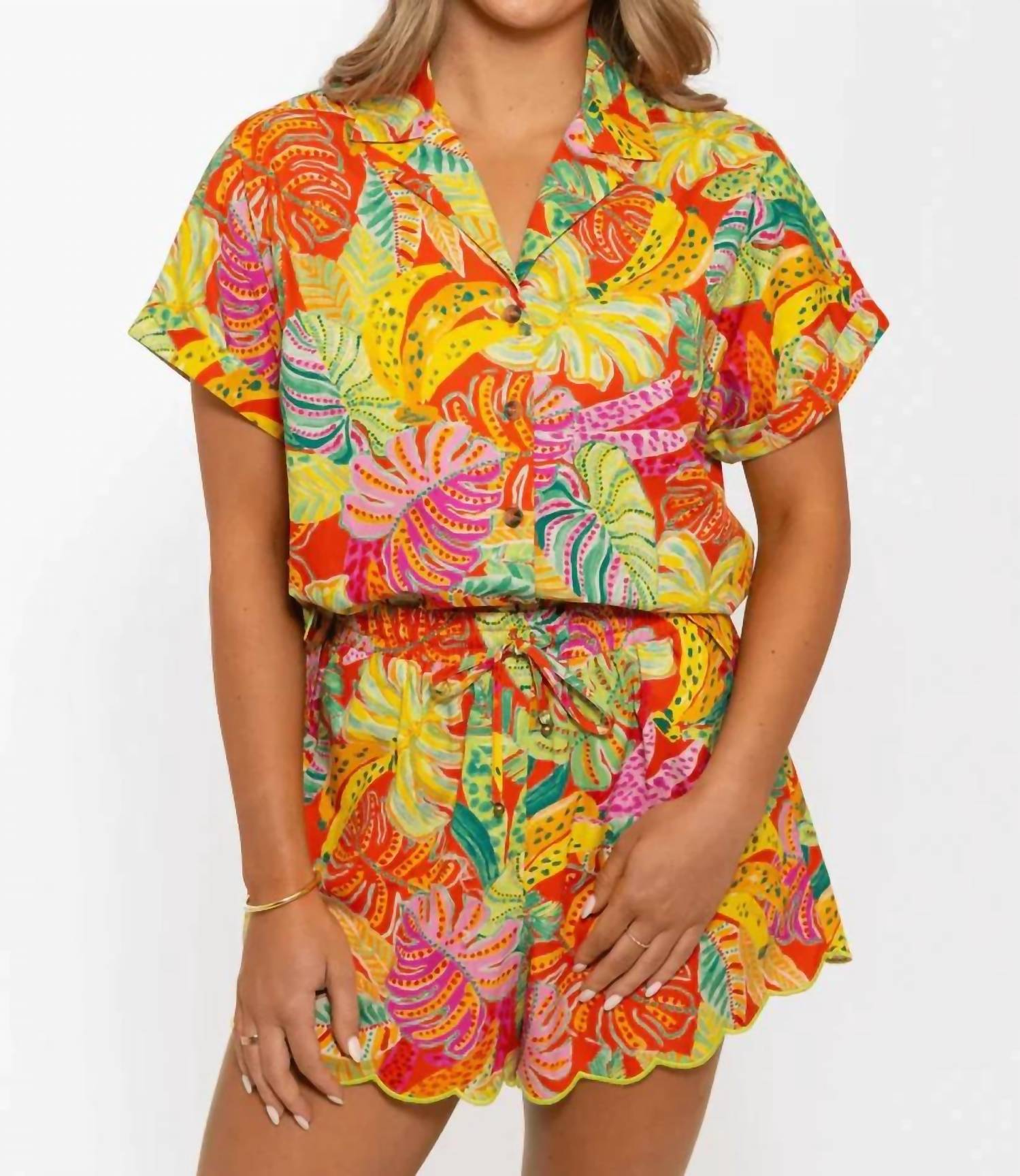 Karlie - Palm Banana Poplin Button Up Top