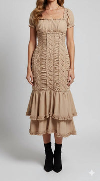 Mac Duggal - Puff Sleeve Ruffle Hem Midi Dress