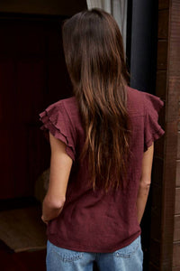 By Together Lacey Woven Button Top in wine - women's t-shirt - detail view