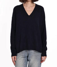 Minnie Rose Long & Lean V Neck Sweater in navy - women's sweater
