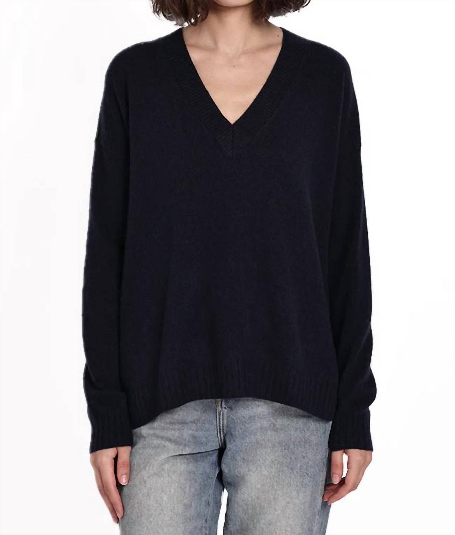 Minnie Rose Long & Lean V Neck Sweater in navy - women's sweater