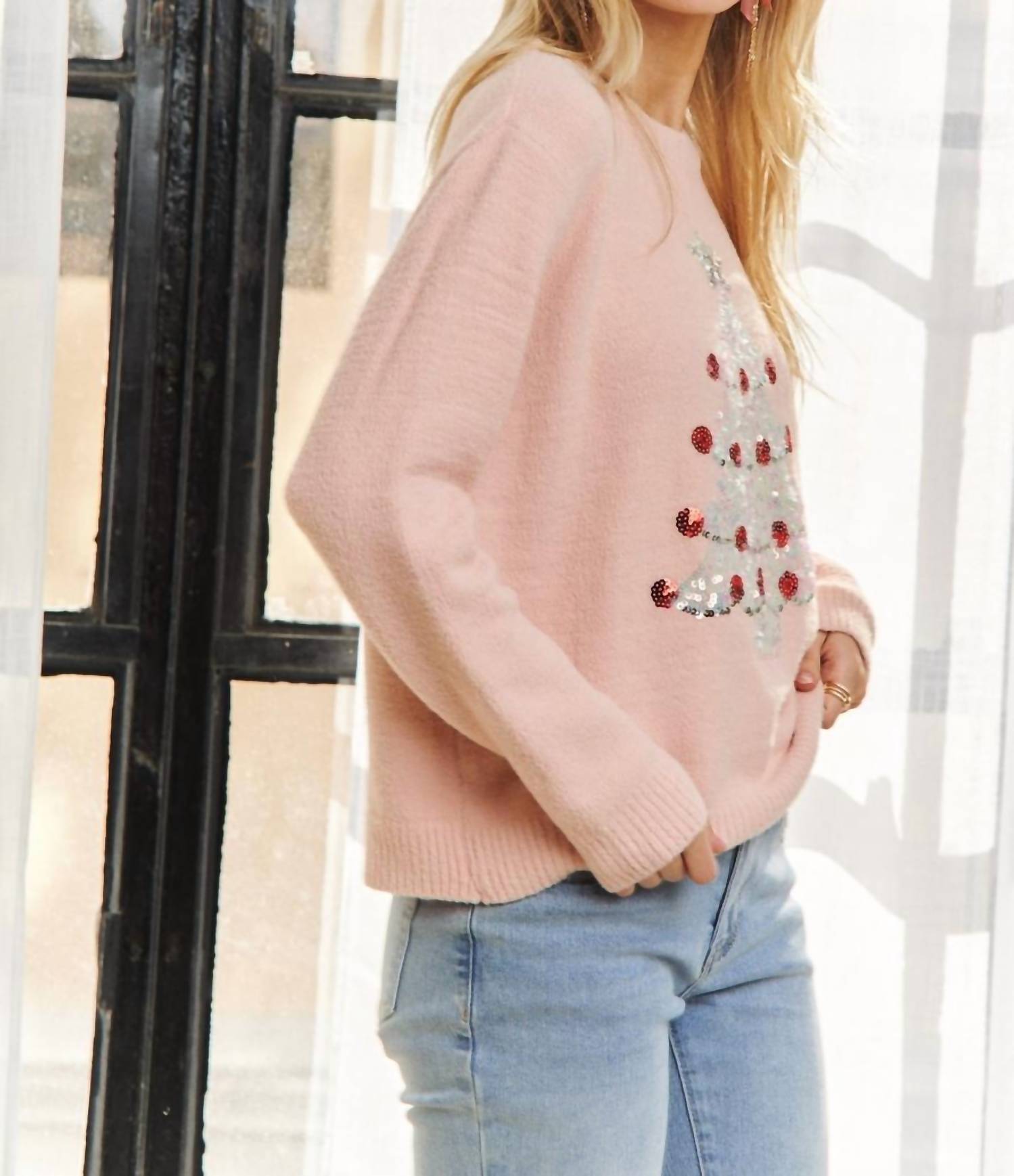 Adora - Round Neck Christmas Tree Sweater Top