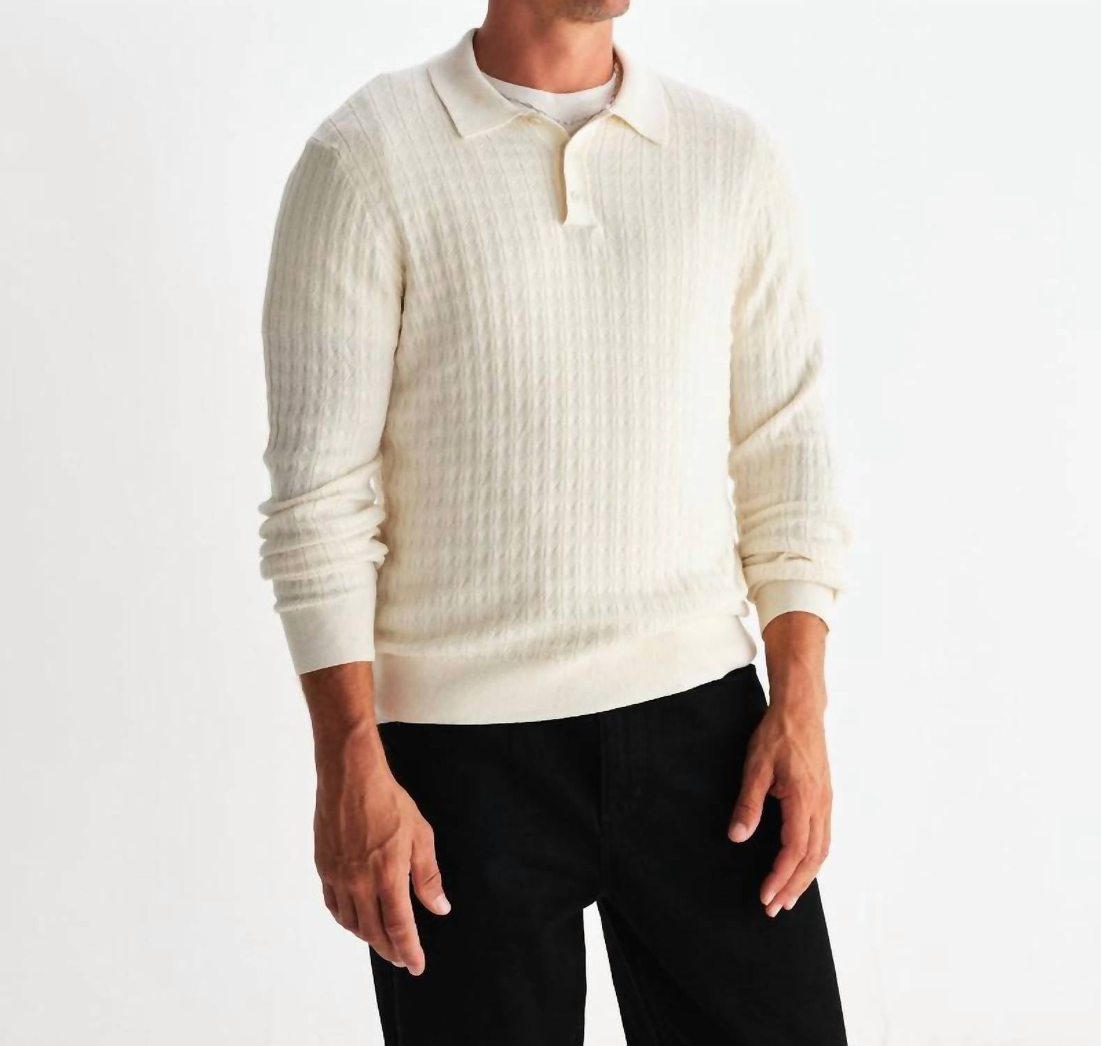 Wax London Oban Polo Shirt in ecru - men's long sleeve top - alternate view