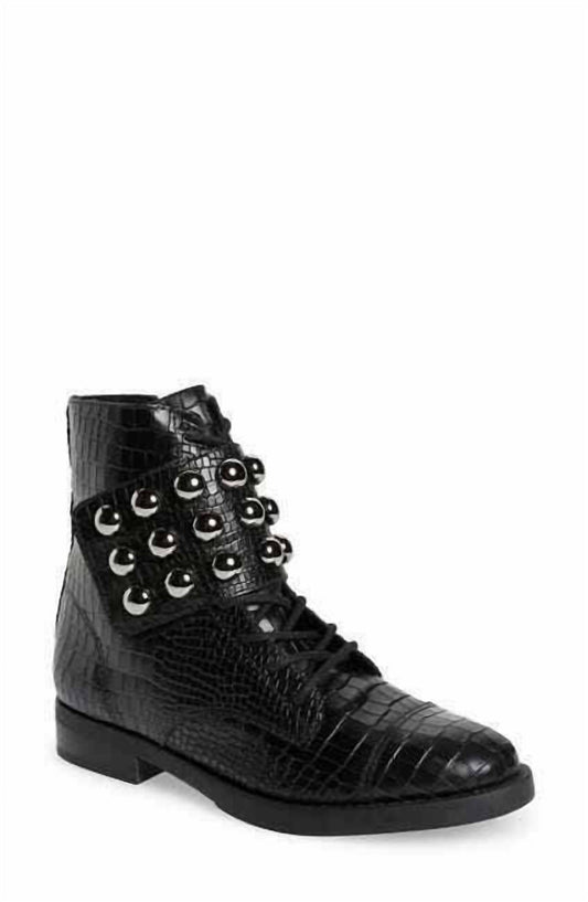 Schutz - Women Marieta Croc Embossed Leather Studded Moto Ankle Boots