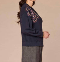 Democracy Long Sleeve Crew Neck Beaded Sweatshirt in deep navy - women's sweater - detail view