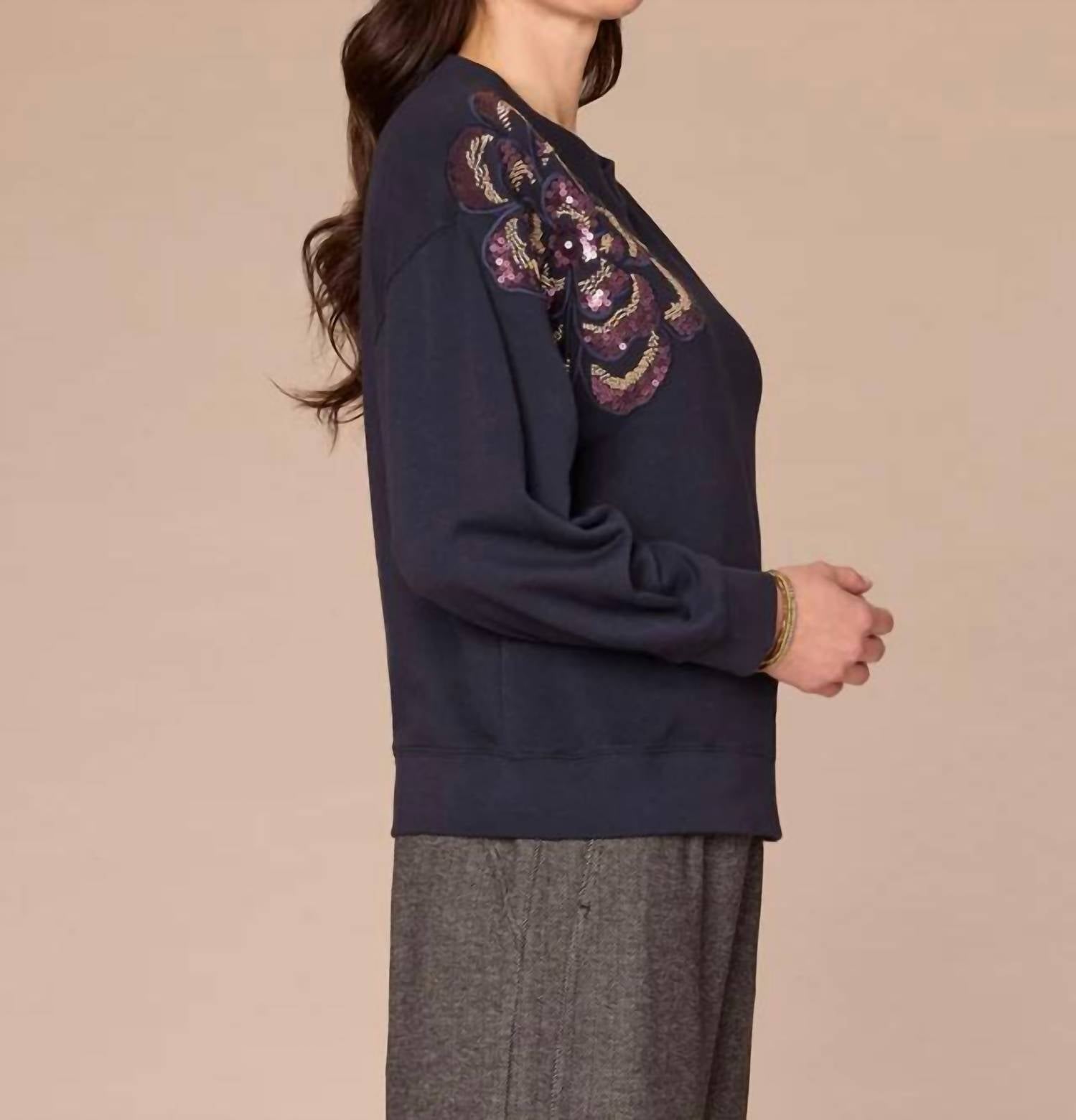 Democracy Long Sleeve Crew Neck Beaded Sweatshirt in deep navy - women's sweater - detail view