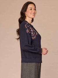 Democracy Long Sleeve Crew Neck Beaded Sweatshirt in deep navy - women's sweater - alternate view