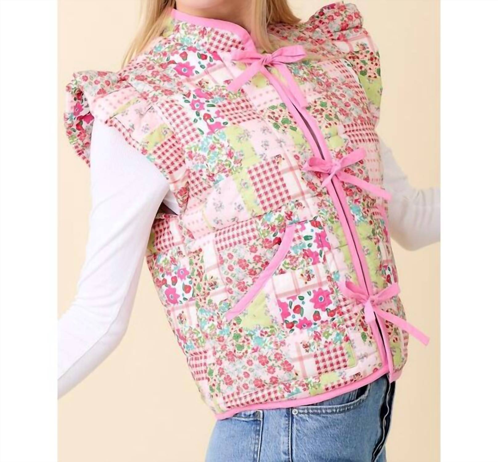 Main Strip Patchwork Floral Printed Vest in pink - women's jacket - alternate view