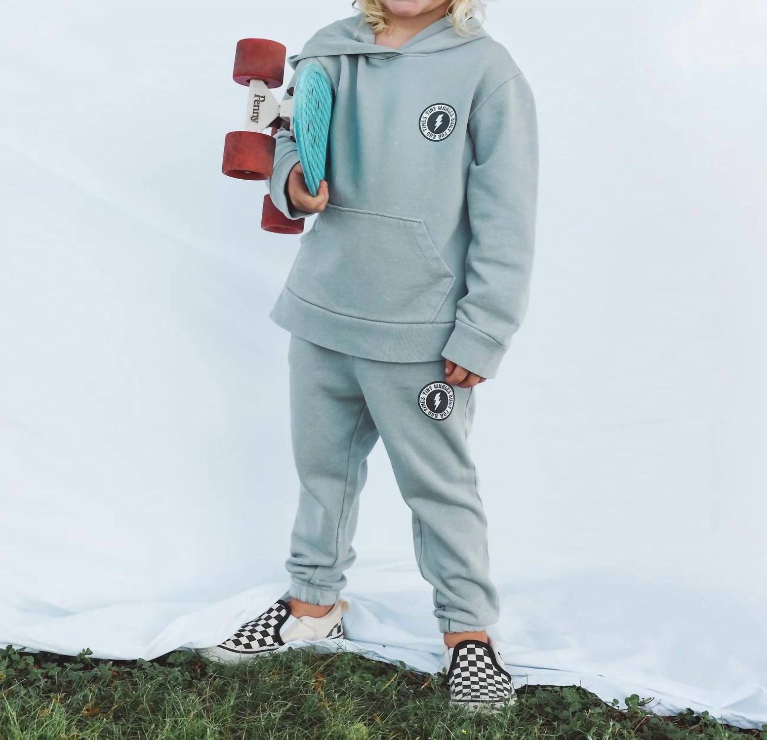 TINY WHALES Kid's Rad Power Hoodie Top in mineral granite - kids' shirt