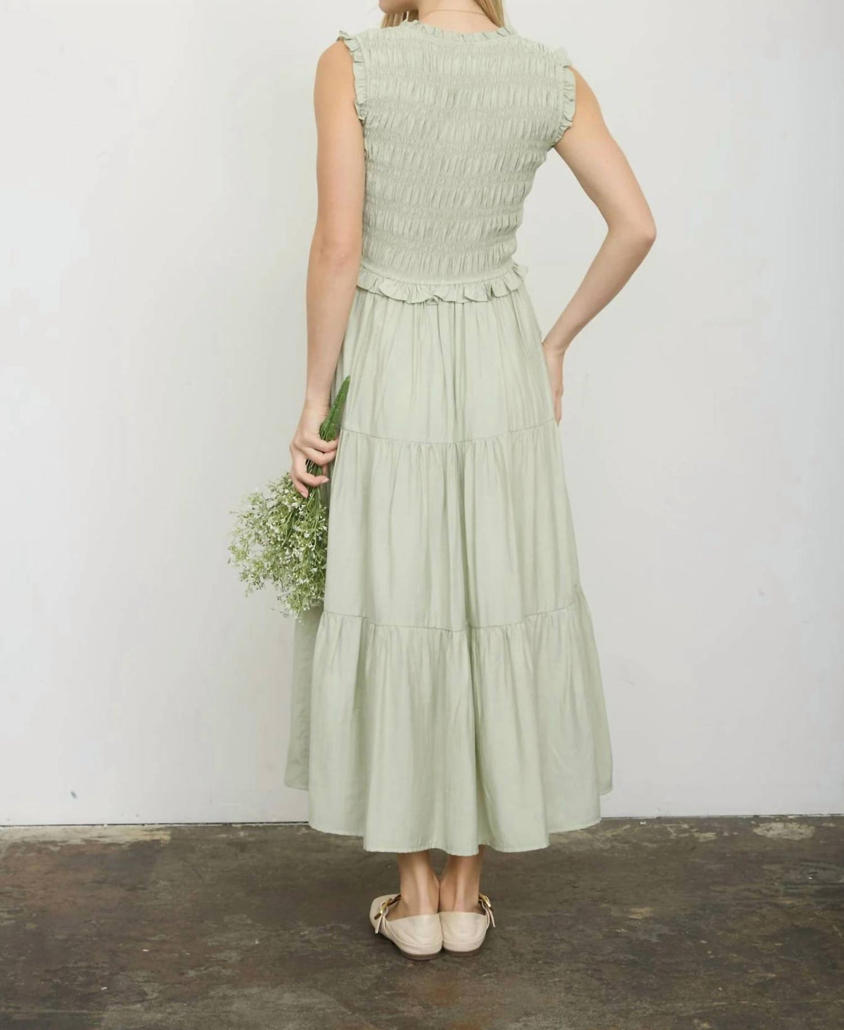Blu Pepper - Smocked Front Tie Ruffle Detail Tiered Midi Dress