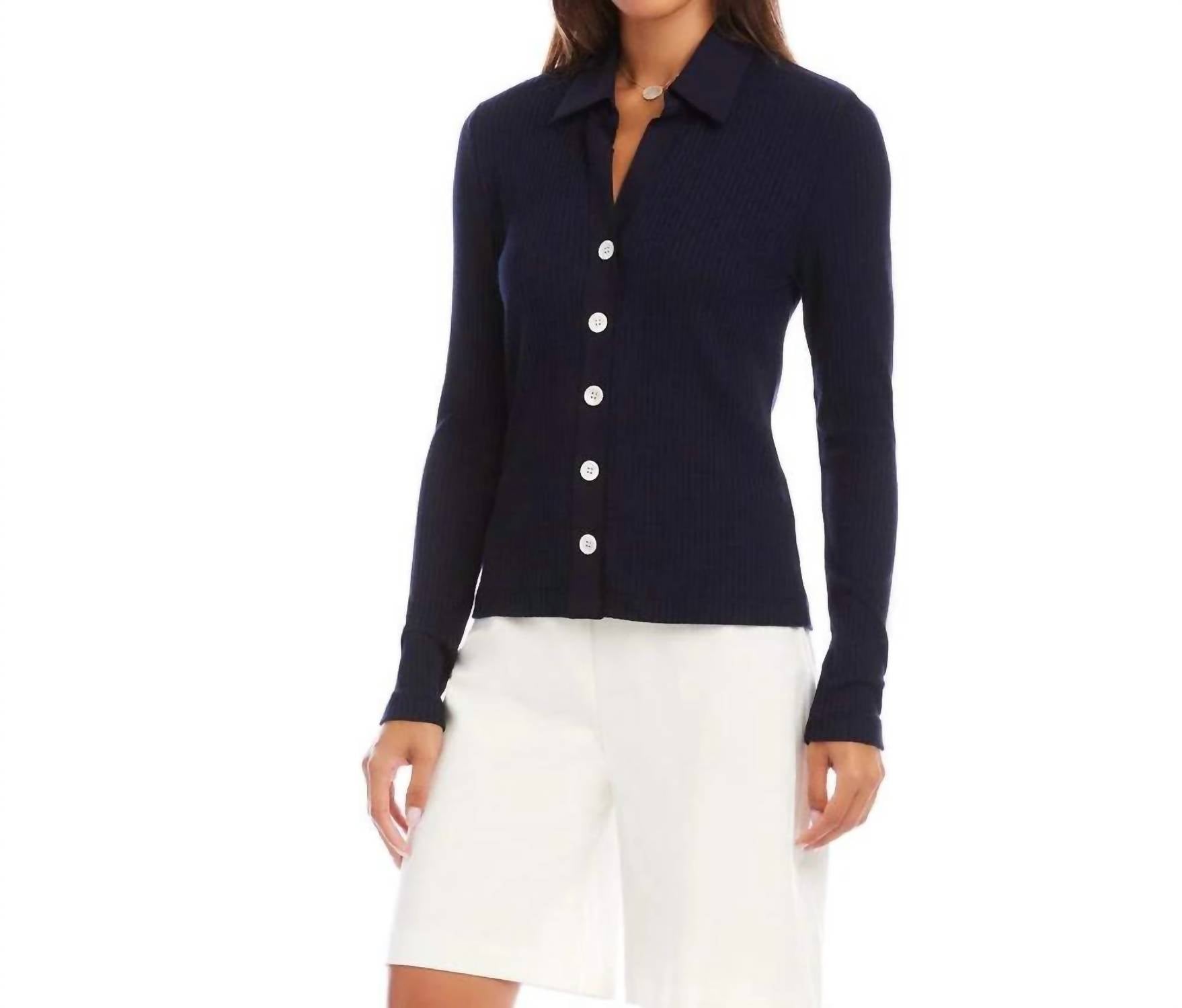 Karen Kane - Ribbed Long Sleeve Button Front Top