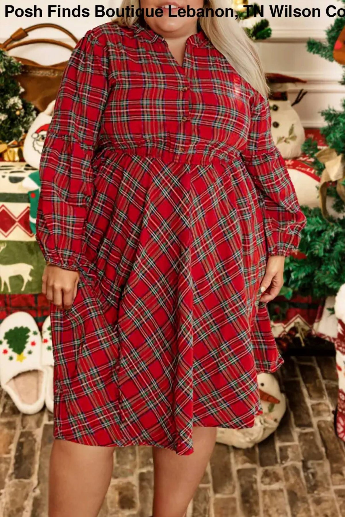 Fashionworks - Women's Christmas Plaid Half Button Long Sleeve Dress