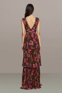 Amur - Women's Earthy Garden Fleur Deep V Pleated Gown
