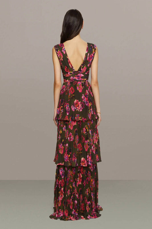 Amur - Women's Earthy Garden Fleur Deep V Pleated Gown