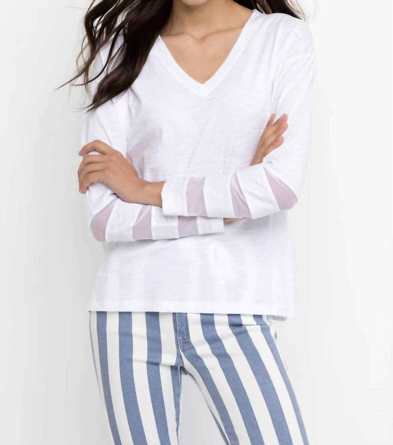 LISA TODD Women's Mesh Fest V Neck Long Sleeve Top in white - women's long sleeve top