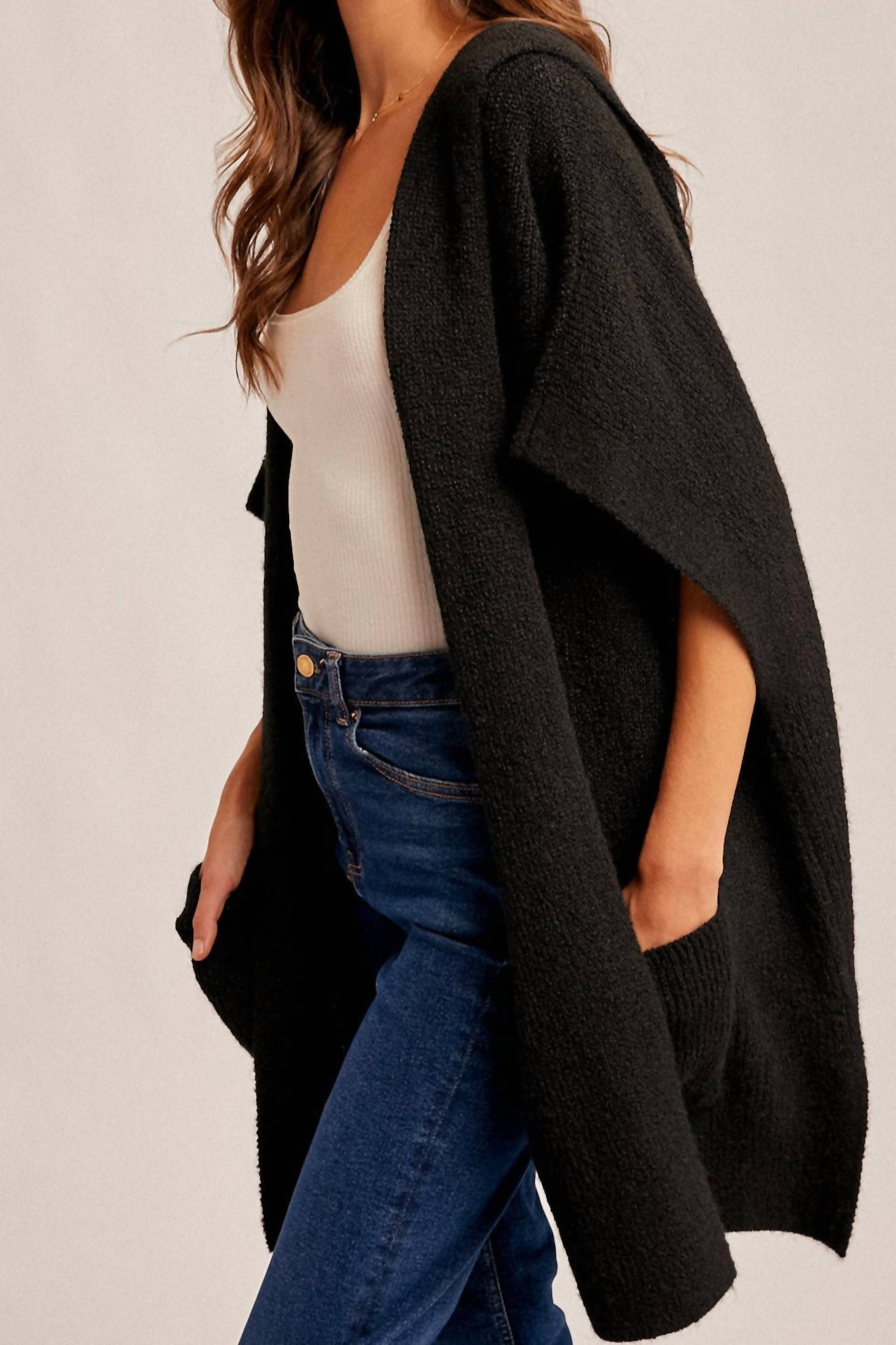 Hem & Thread Hooded Sweater Poncho in black - women's sweater - detail view