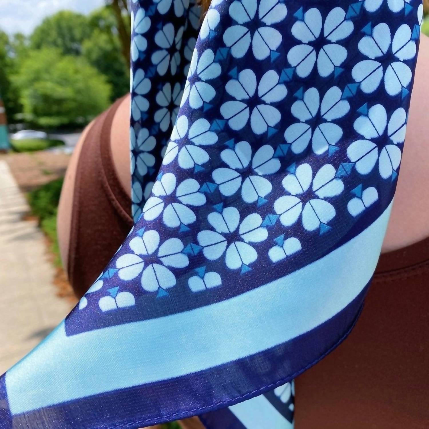 Ellison+Young Women's Four Petal Clover Square Scarf in blue - women's scarf - detail view