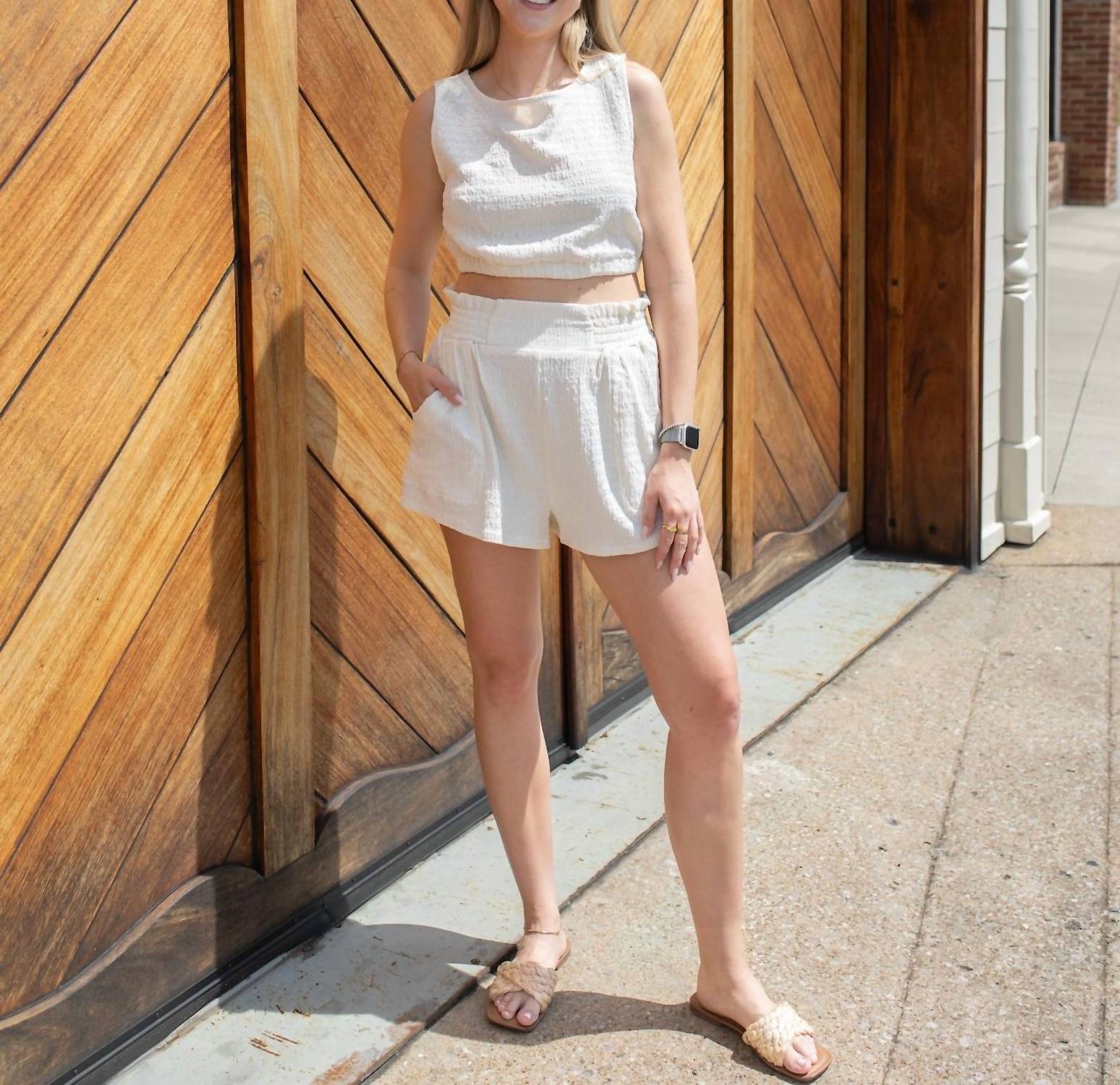 MABLE Linen Delight Crop Top And Short Set in white - women's sleepwear - detail view