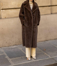 Attentif Long Faux Fur Coat in chocolate - women's jacket