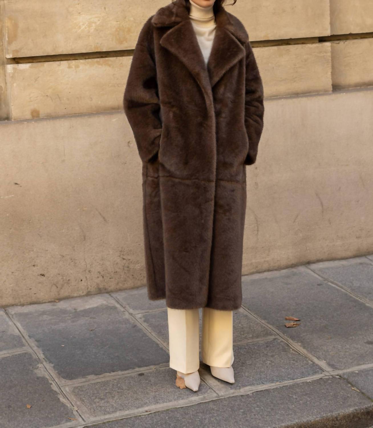 Attentif Long Faux Fur Coat in chocolate - women's jacket
