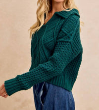 BiBi Diamond Patterned Collared Sweater Top in hunter - women's sweater - detail view