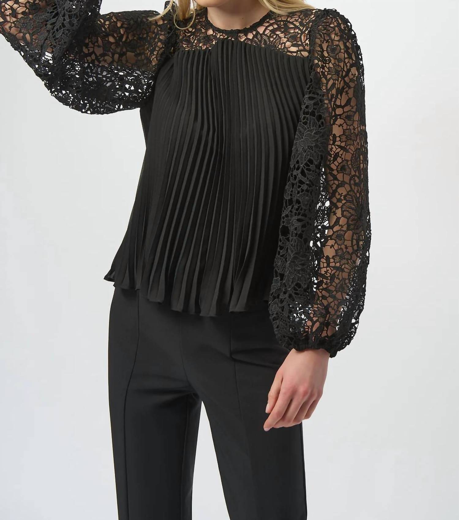 Joseph Ribkoff Pleated Crew Neck Long Lace Puff Sleeves Top in black - women's blouse - detail view