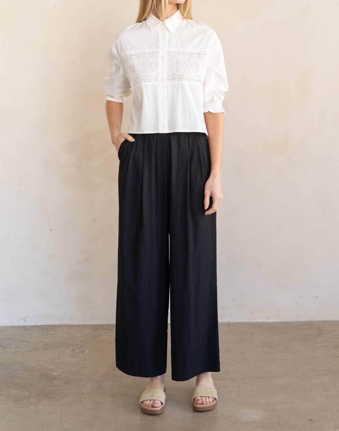 Elle Grey - Eyelet Lace Panel Button-up Blouse