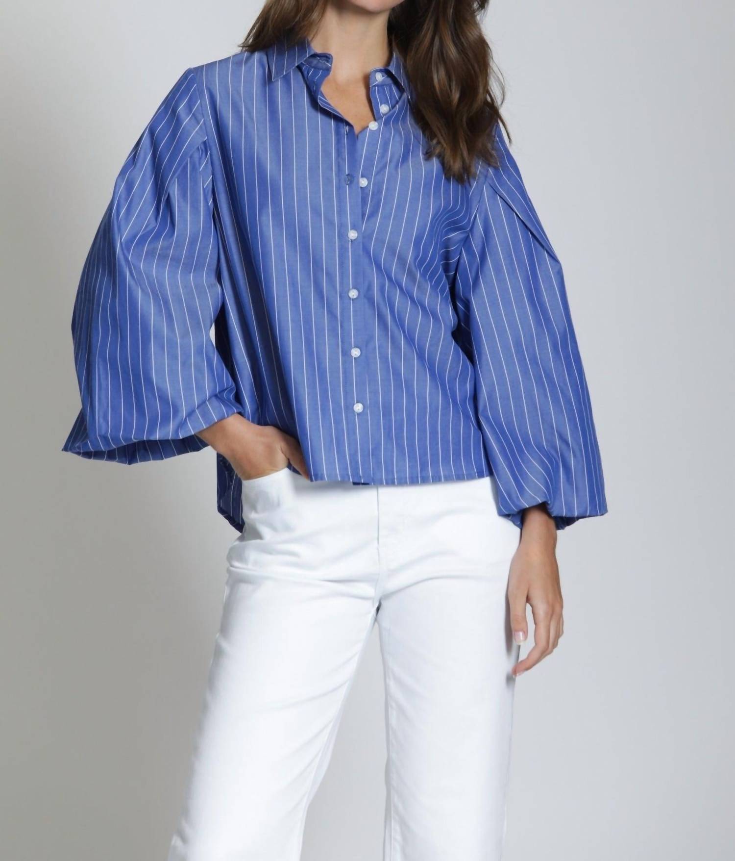 APNY Blouson Front Button Shirt in blue - women's blouse