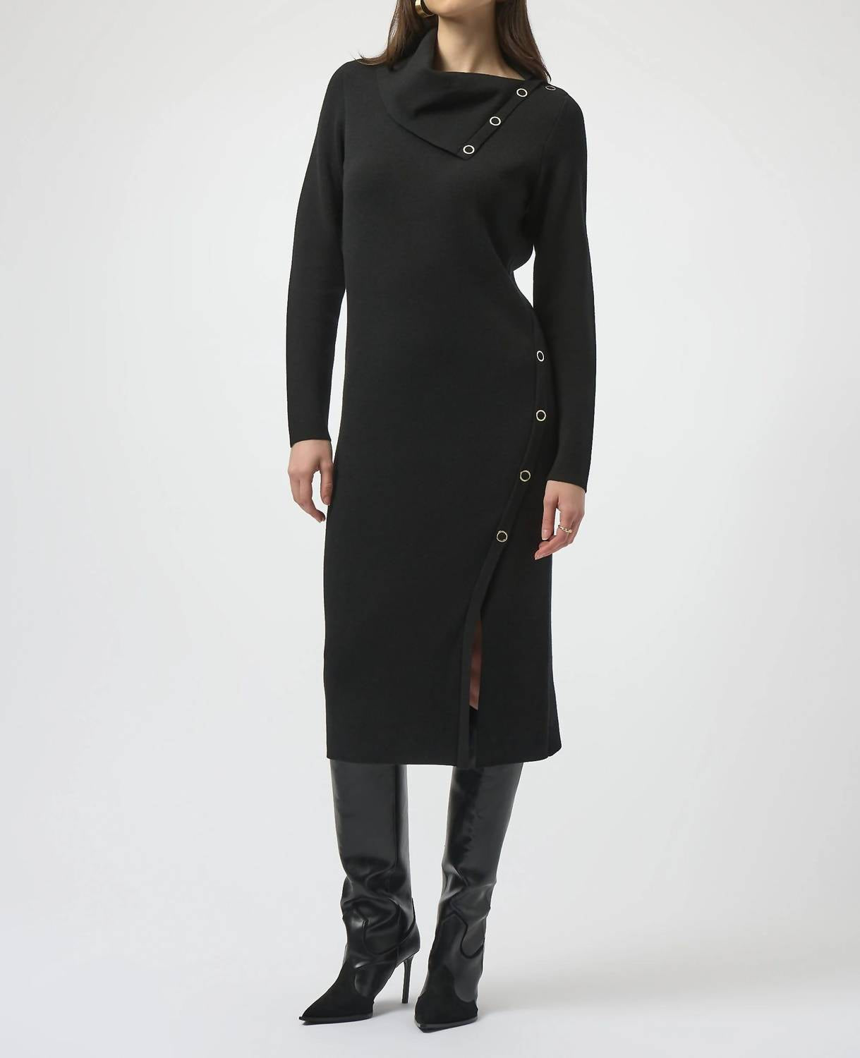 Joseph Ribkoff Grommet Detail Cowl Neck Midi Sheath Dress in black - women's dress