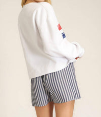 PROJECT SOCIAL T Sunday Tennis Sweatshirt in white red blue - women's top - detail view