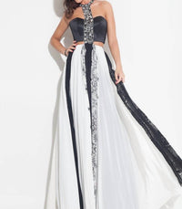 Rachel Allan - Chiffon A-line Prom Gown With Lace Inserts