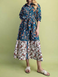 Gigio - Paisley Print Color Block Shirt Dress