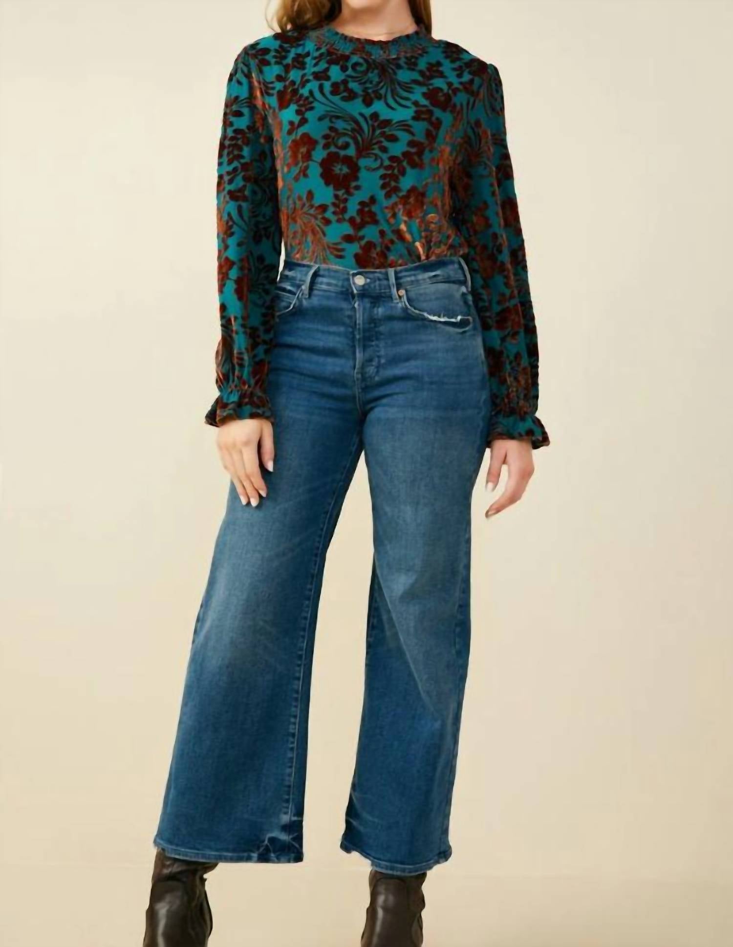Hayden La - Paisley Burnout Velvet Ruffle Neck Top