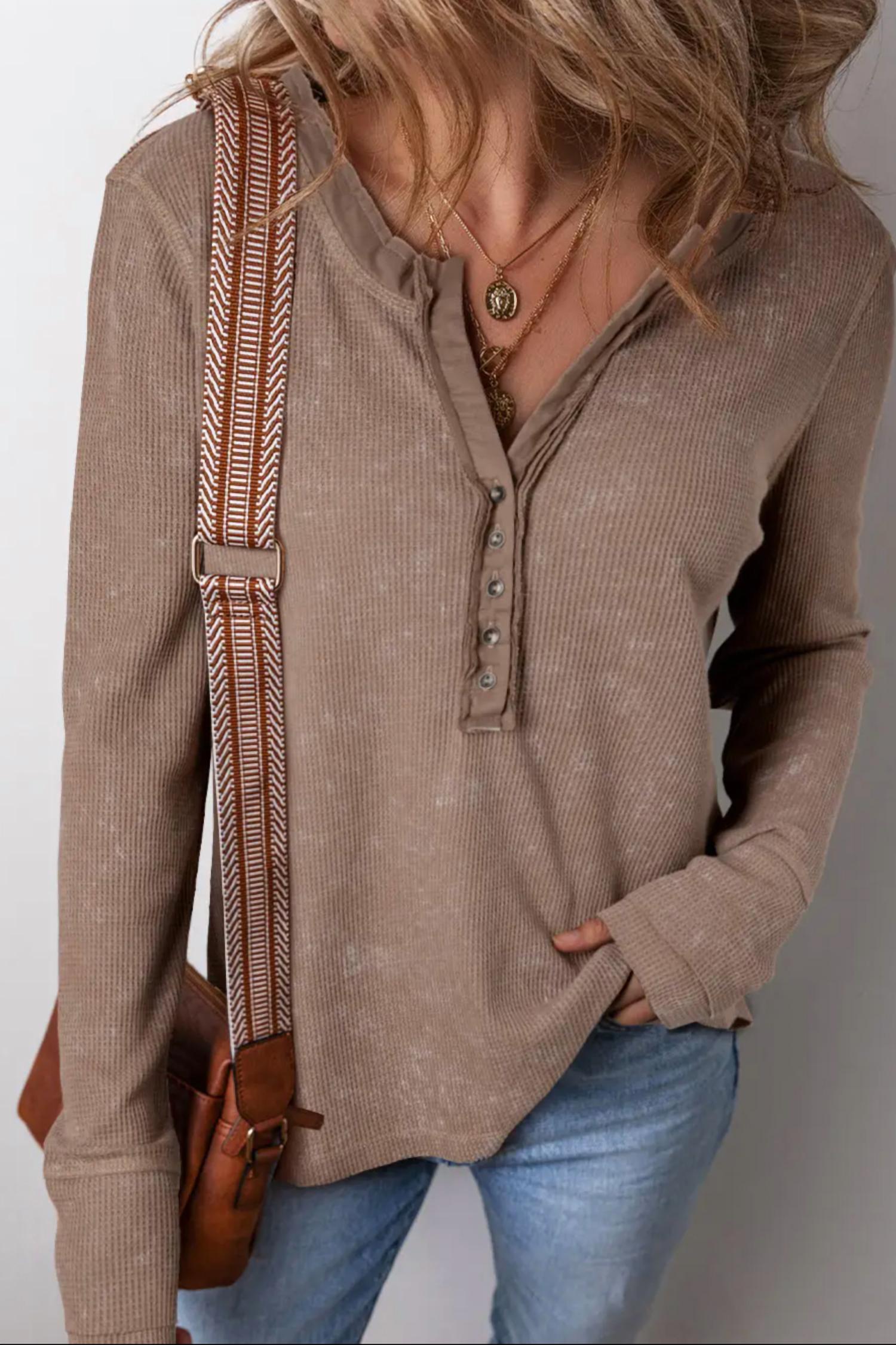 Full Time Purchase - Acid Wash Waffle Knit Long Sleeve Top