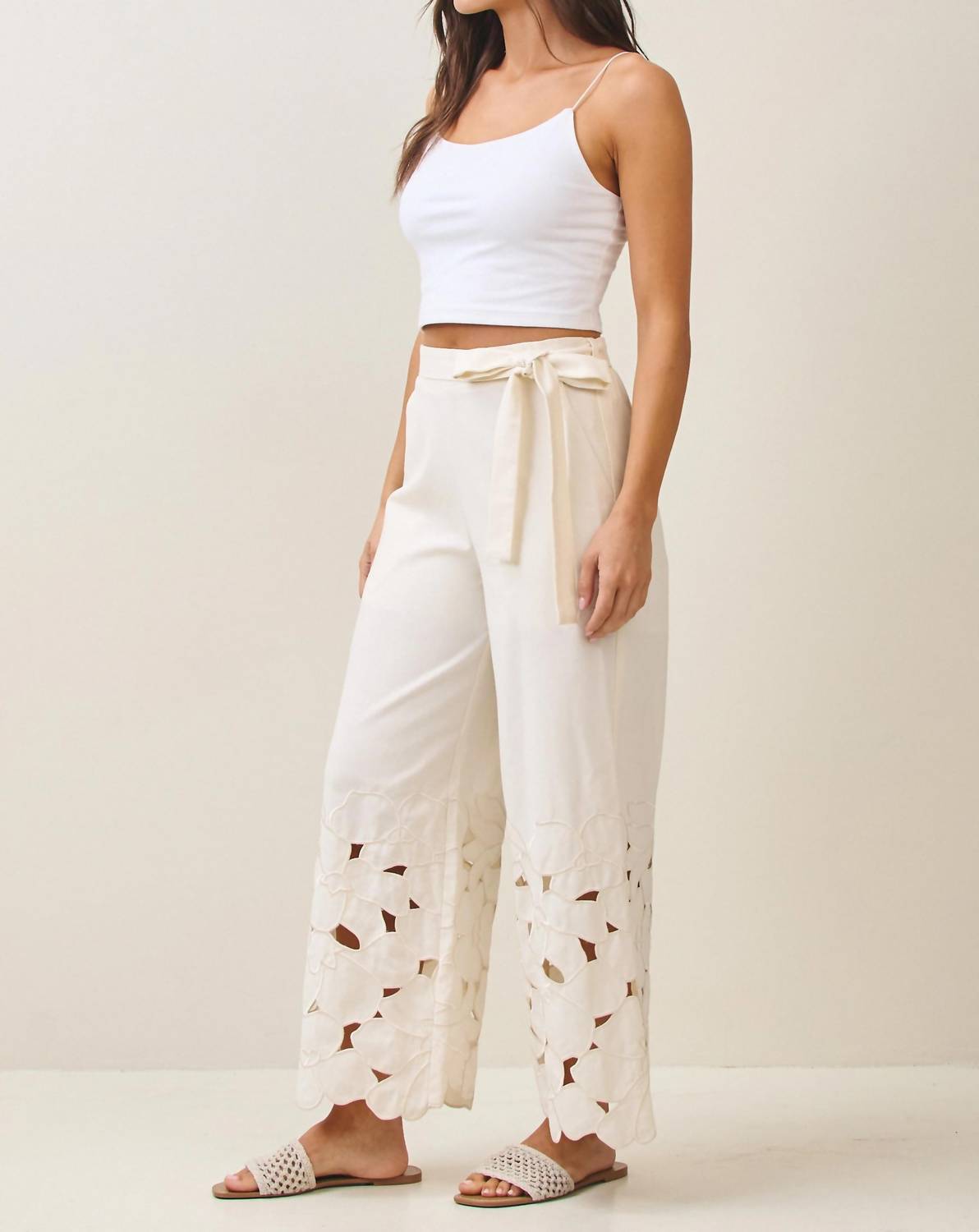 Able - Linen Floral Embroidery Cutout Detail Pants