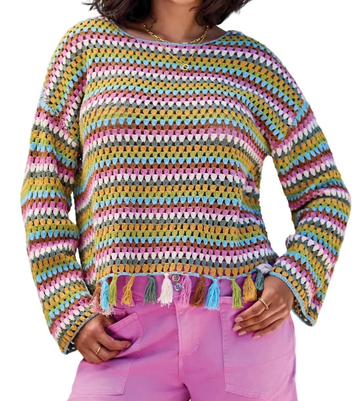 Tribal - Crochet Bell Sleeve Sweater With Tassels