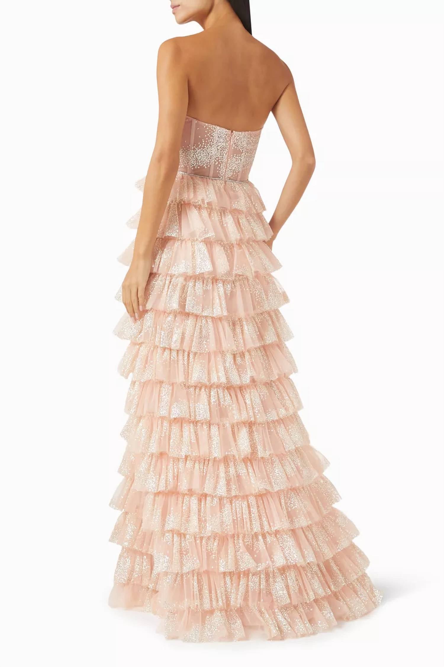 Tarik Ediz Cielo Glitter Tiered Gown in pink - women's dress - alternate view