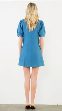 THML Women's Short Sleeve Button Up Dress in denim blue - women's dress - detail view
