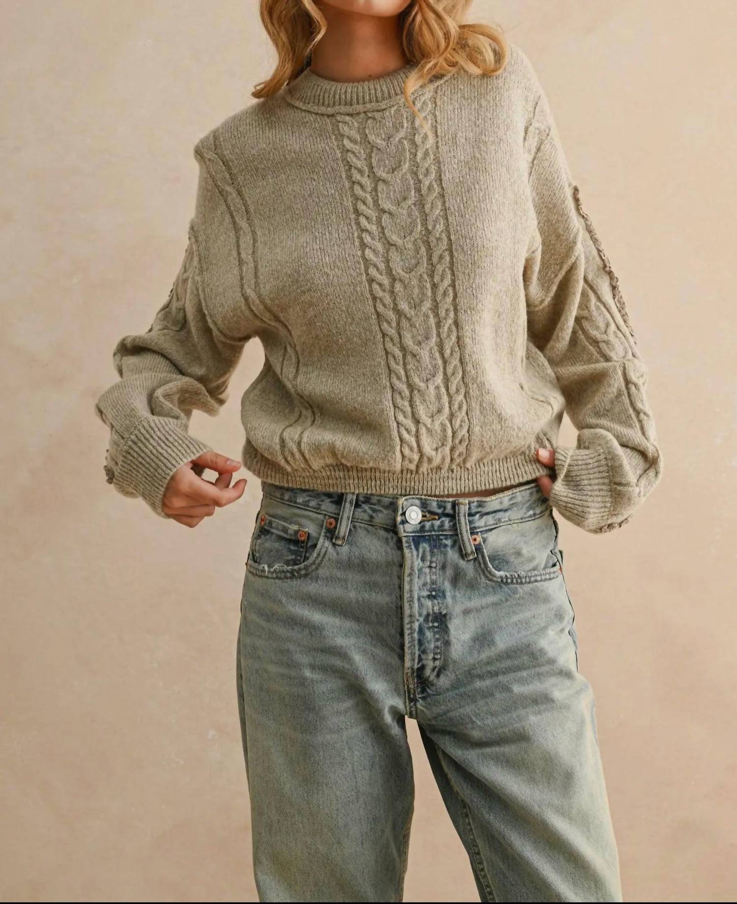 Miou Muse - Lace Trim Cable Knit Sweater