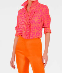 GRETCHEN SCOTT Ring Toss Long Sleeve Ruffle Rumble Blouse in shocking pink - women's blouse