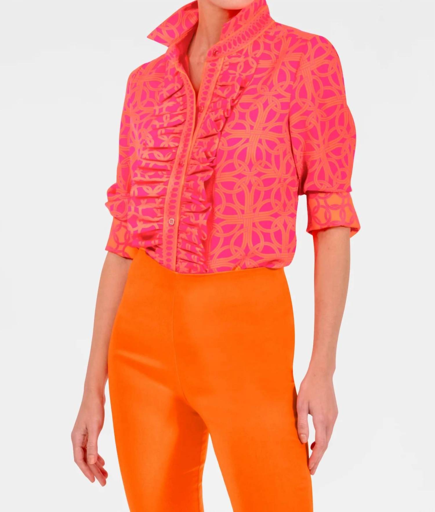 GRETCHEN SCOTT Ring Toss Long Sleeve Ruffle Rumble Blouse in shocking pink - women's blouse
