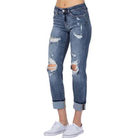 Judy Blue Mid Rise Cuffed Boyfriend Fit Jeans in medium blue - women's jeans - detail view