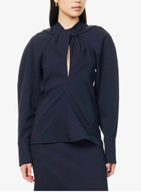 VICTORIA BECKHAM Twisted-neckline Textured Blouse in navy - women's blouse